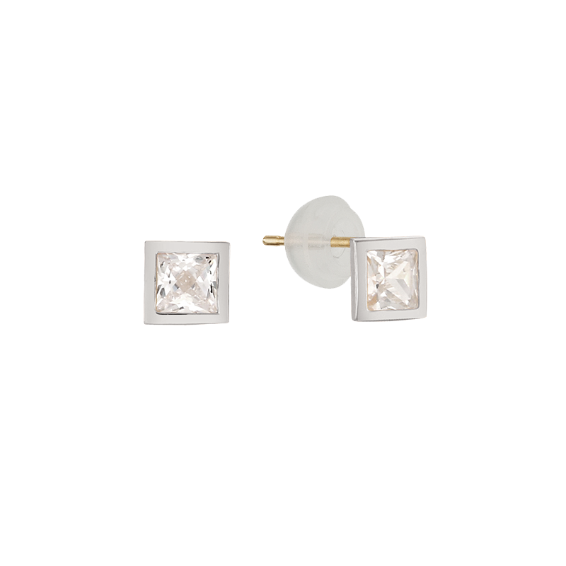 Square Bezel White Stud Earrings EJCM4088